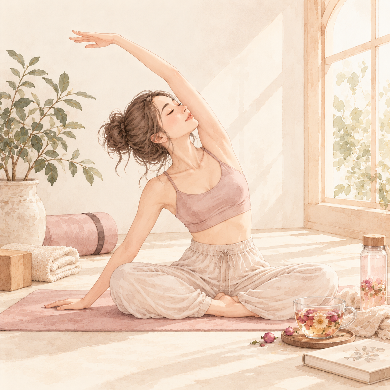 水彩插画：玻璃茶壶里盛着花茶，旁边摆着玫瑰花苞与布巾